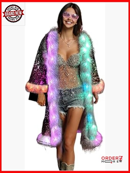 Jackets & Blazers - LED Light Up Sequin Coat Small Faux Fur Music Festival Party Jacket